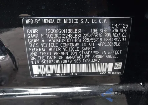 2025 Honda Hr-V Awd Sport из США, поврежденный, VIN 3CZRZ2H57SM791968